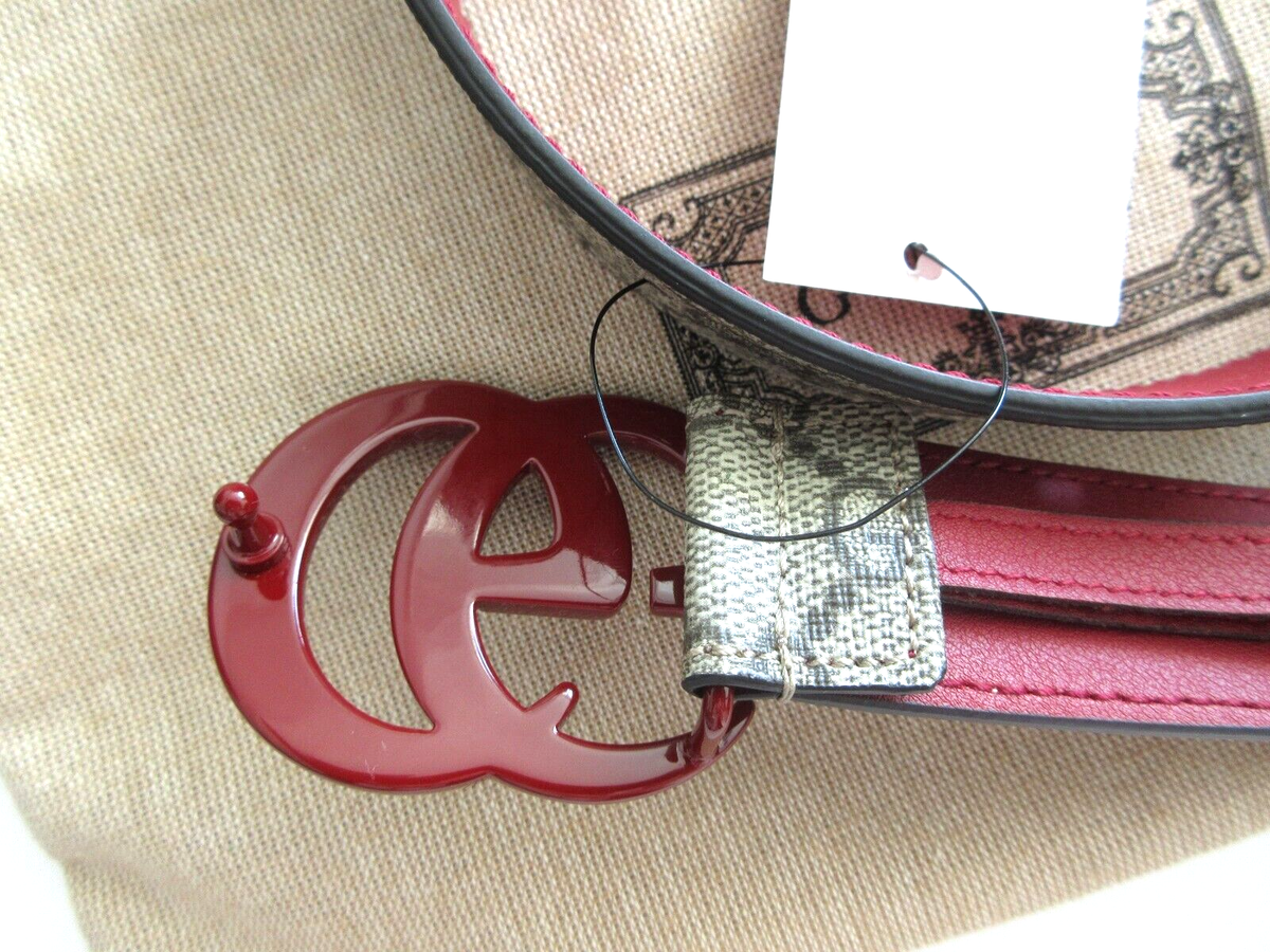 NEW Gucci Marmont Belt GG Logo Red Brown Monogram Canvas 90