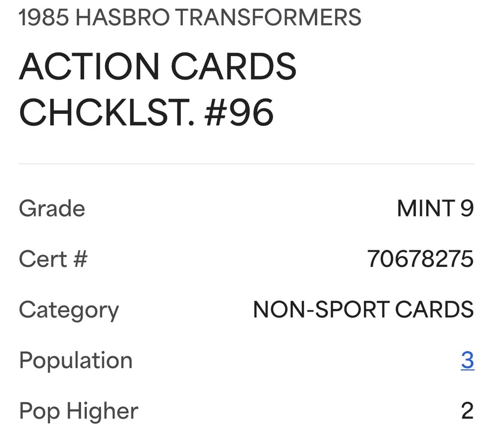 1985 HASBRO TRANSFORMERS #96 ACTION CARDS CHECKLIST PSA 9 MINT POP 5 - Image 3 of 3