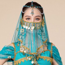 Ladies Ethnic Belly Dance Face Veil Sequins Coin Beaded Perform Costume Retro