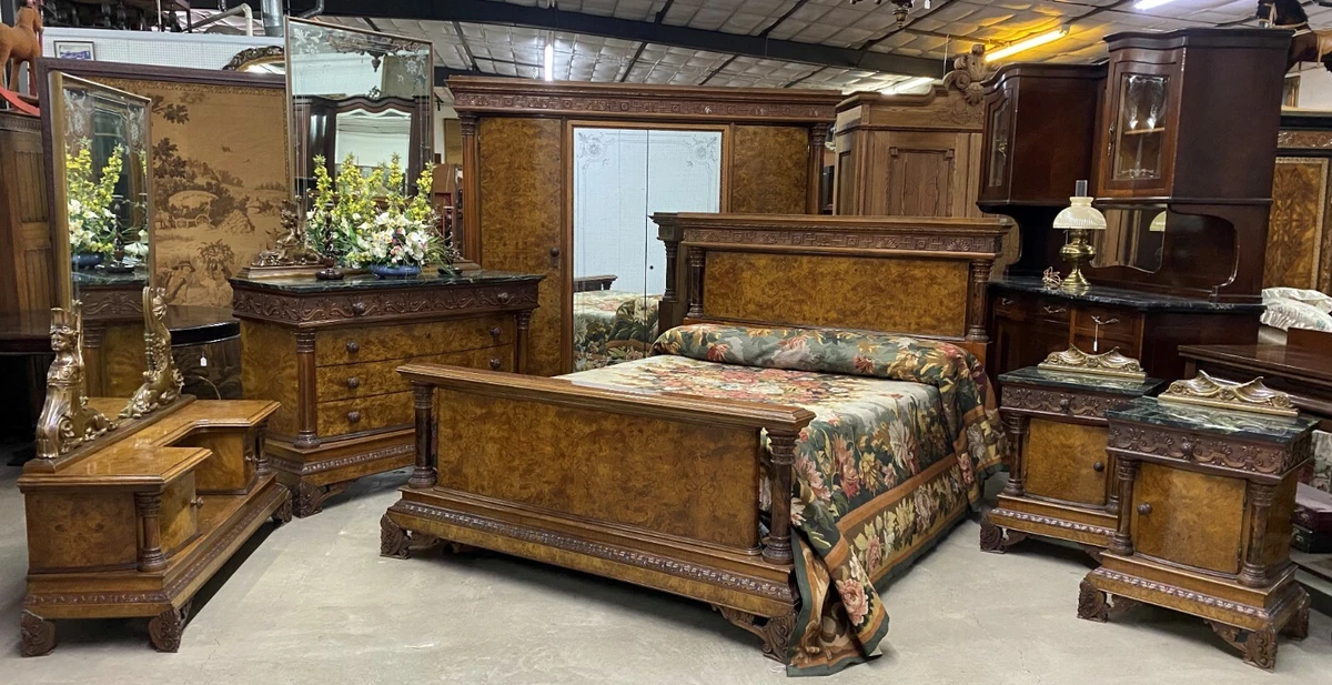 Antique French 6 Piece Queen Bedroom Set Burled Walnut Neoclassical Circa 1890