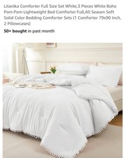 Litanika Comforter Full Size Set White, 3 Pieces Boho Pom Pom Lightweight...