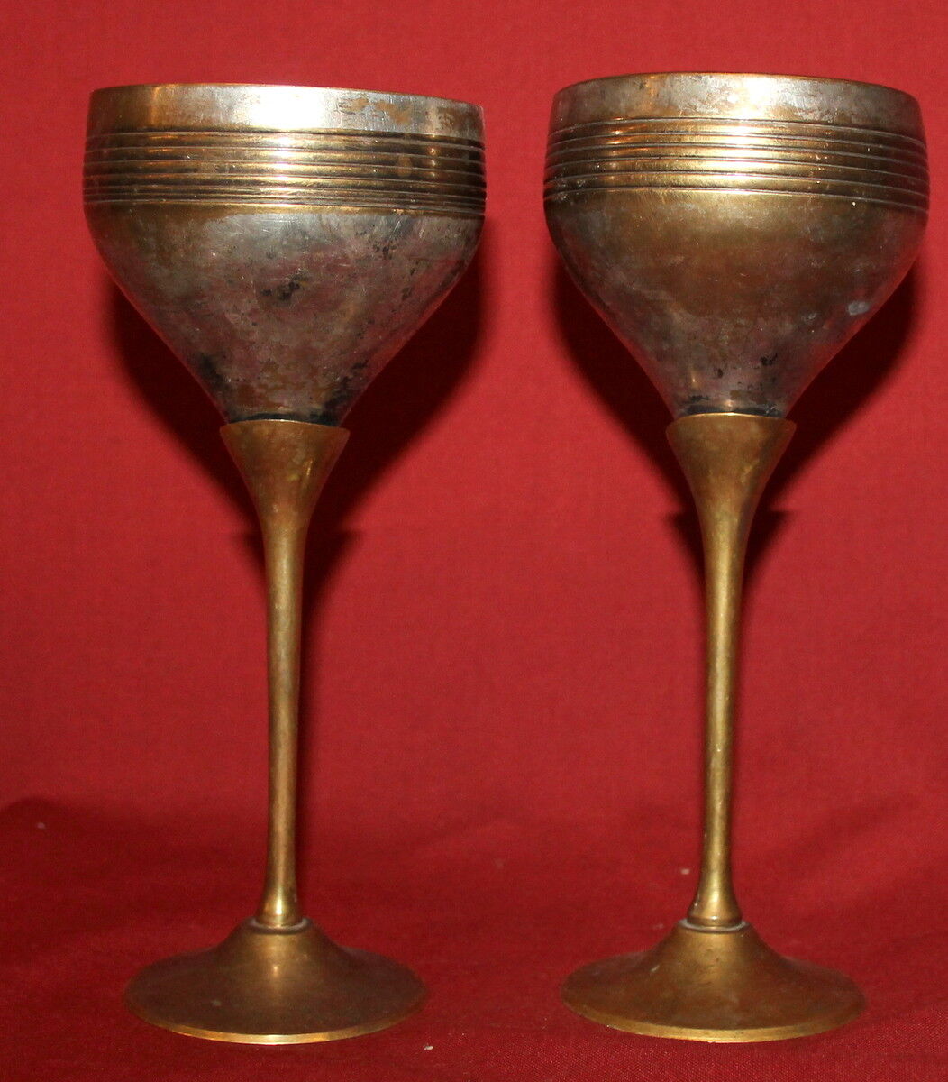 Antique Brass Silverplated Set 2 Wedding Goblets