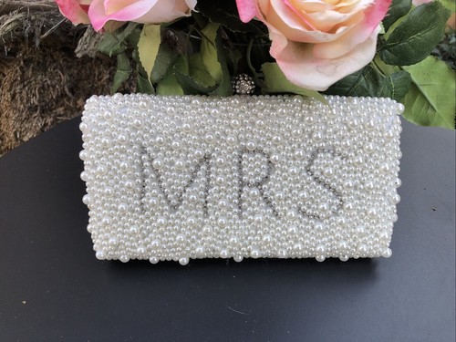 Mrs. Bride To Be Clutch Pearls Bride Purse Silver Embellished - Silver Chain NWT - Picture 4 of 13