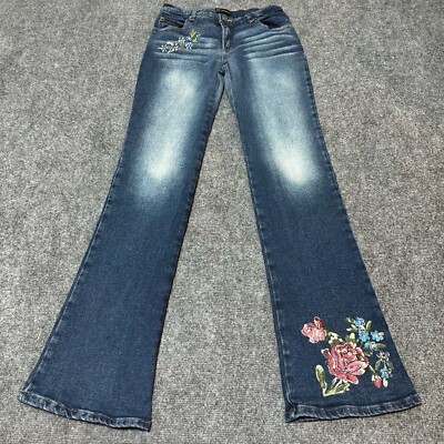 Fiona London Jeans Womens 24 Blue Denim Floral Cotton Blend Low Rise Pockets