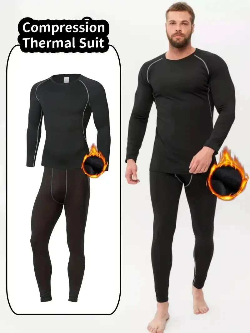 Men's Fleece-Lined Thermal Compression Sports Set - Long Sleeve Crew Neck Size L