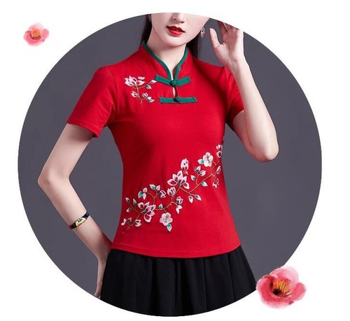 New Women's Flower Tops Chinese Style Embroidery Blouse T-shirt casual Floral - Picture 4 of 17
