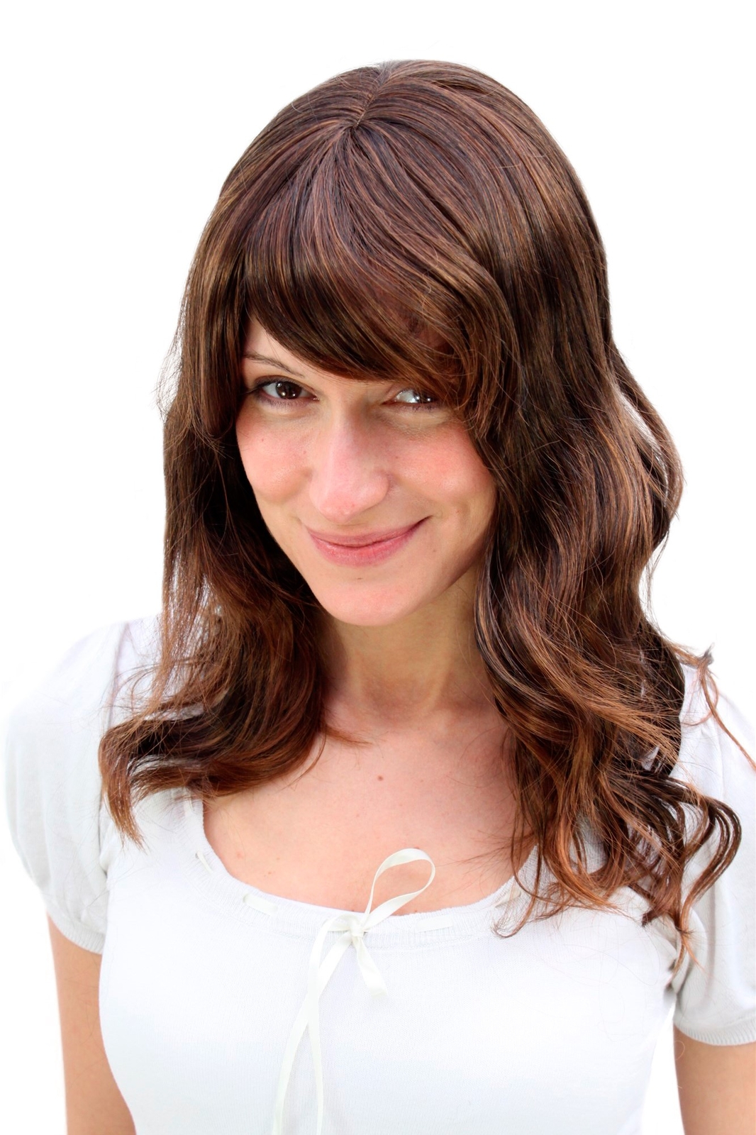 Women's Wig Long Wavy Chestnut Brown Highlighted Light Wetlook Bangs