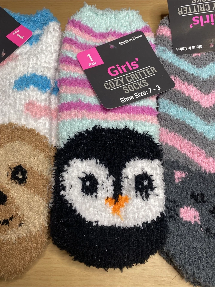 Niñas Acogedores Calcetines Critter Talla 7-3 Acogedores Difusos Peguín/mono/gato Cálidos Suaves Lote de 3 Foto 3 de 4