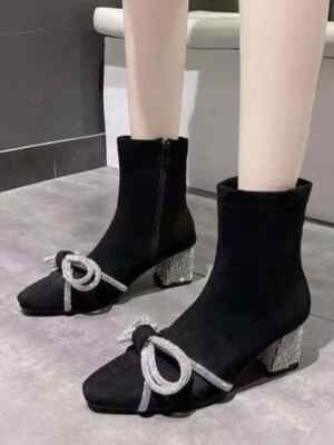 Stiefel Frau Knöchelschuhe 5 CM Schwarz Strass Leder Kunststoff CZ625