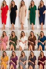 Womens Ladies V-Neck Tie Knot Twist Front Oversized Long Summer Smock Midi Dress