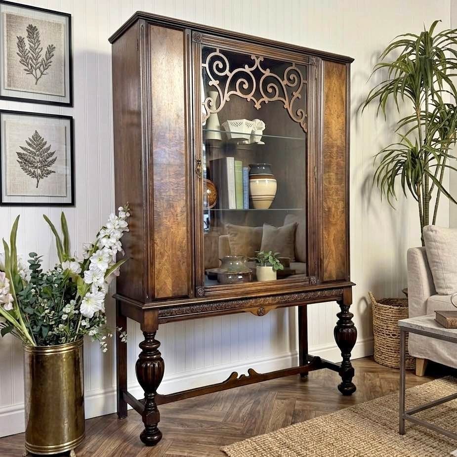 1930s Jacobean Revival Burl Walnut Display Cabinet | eBay