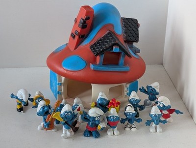 Farmi Smurfs Mushroom House Toy 1970s 1980's Red Roof With Schleich Smurfs Rare
