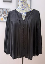 Nine West Women's M Black Chiffon Micro Pleated Swing Button Down Blouse Top