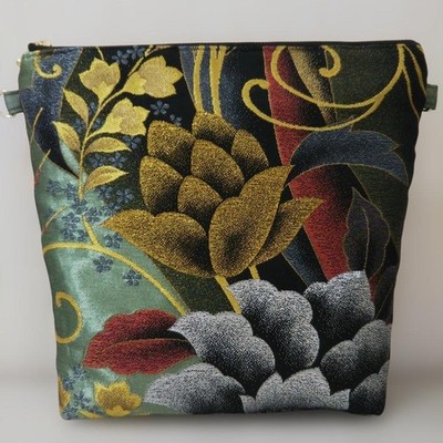 Kimono Silk Obi Remake Shoulder Bag Flower Arabesque Golden Thread Foil Green K