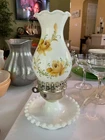 Vtg Yellow Rose Hobnail Ruffled Key Knob Hurricane Lamp Milk Glass Electric