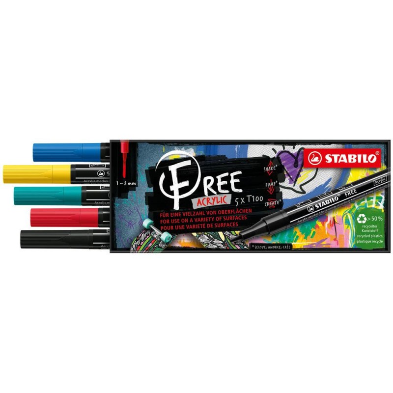 Marqueurs STABILO FREE acrylic T100 pointe fine set de 5 feutres acryliques Royal