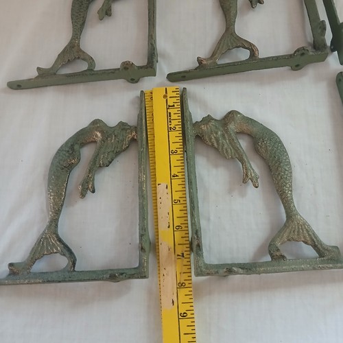 Lote de 9 Soportes De Estante Sirena De Hierro Fundido De Colección Ménsulas Petina De Oro Verde - Imagen 8 de 10