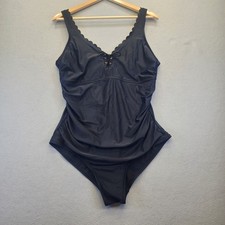 Kona Sol Black Scalloped Lace Up One Piece Swimsuit XL Ruched Cutout Back NWOT