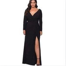 La Femme Curve Formal Gown Plunging Long Sleeve Jersey Black 18W