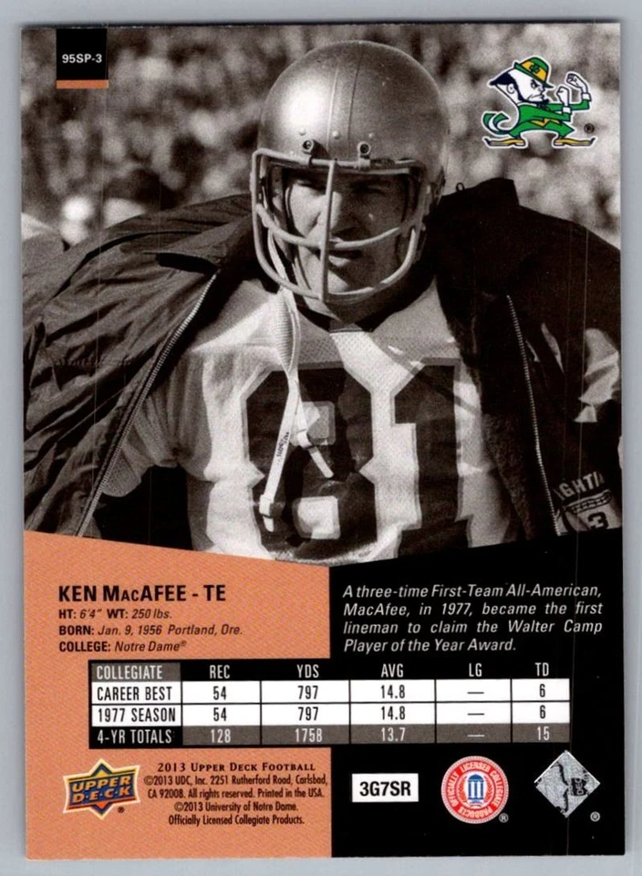 2013 Upper Deck 1995 SP Inserts Ken MacAfee Notre Dame Fighting Irish #95SP-3 - Image 2 of 2
