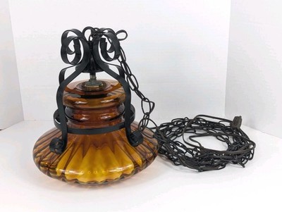 Vtg Amber Glass Hanging Light Wrought Iron Scroll Swag Lamp Light Unique Shape 