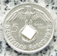 5 Reichsmark 1938 D Hindenburg Eagle Silver German Reich Rare Excellent Condition