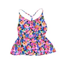 Island Escape Plus Size Racerback Tankini Swim Top, Black Floral-Print 16W New