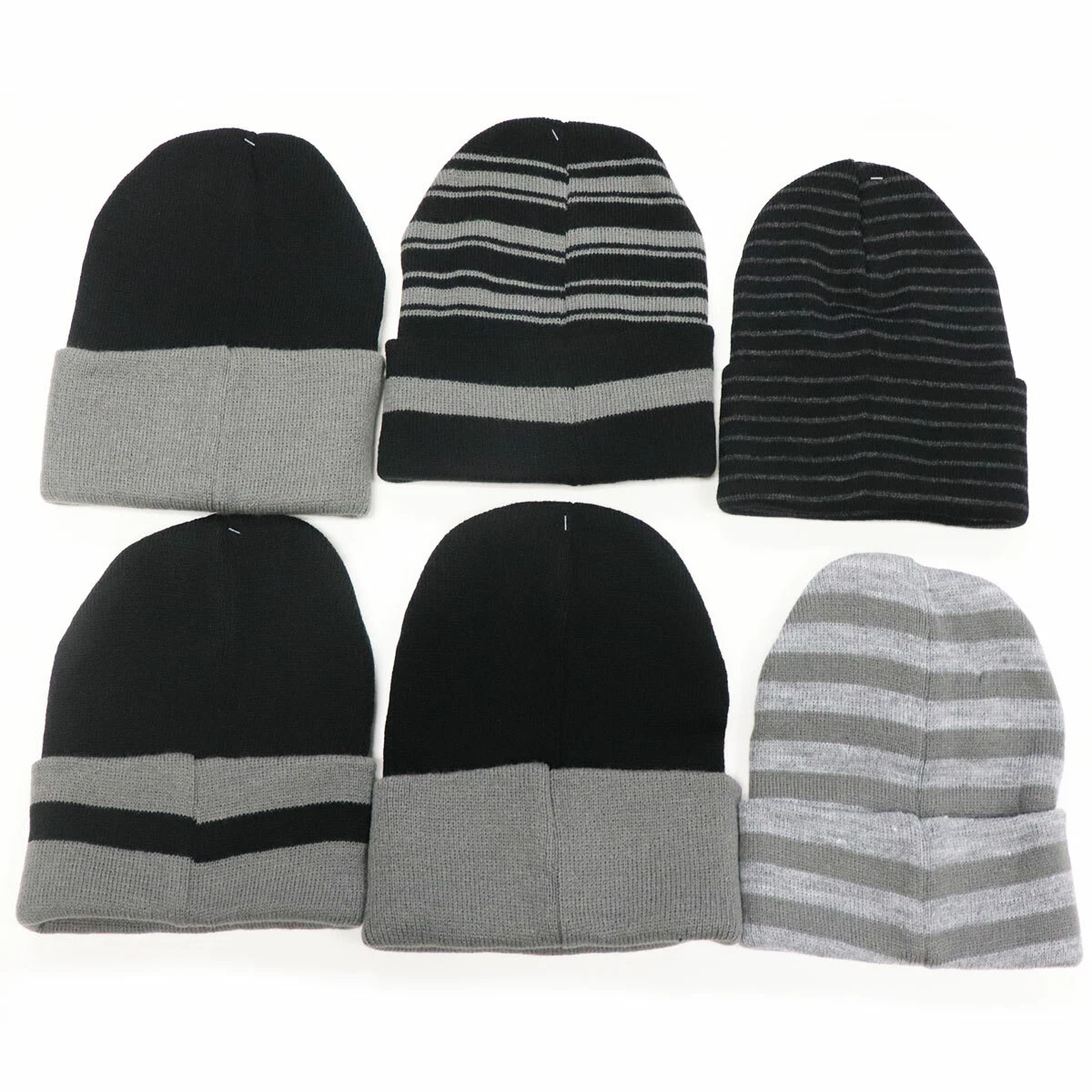 6 Pack Men's Super Stretch Striped Knit Cuffed Beanie Skull Cap Winter Ski Lot