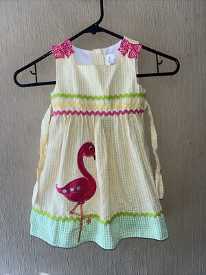 Emily Rose SEERSUCKER PINK FLAMINGO DRESS Yellow Green POLKA DOT BOWS   3T
