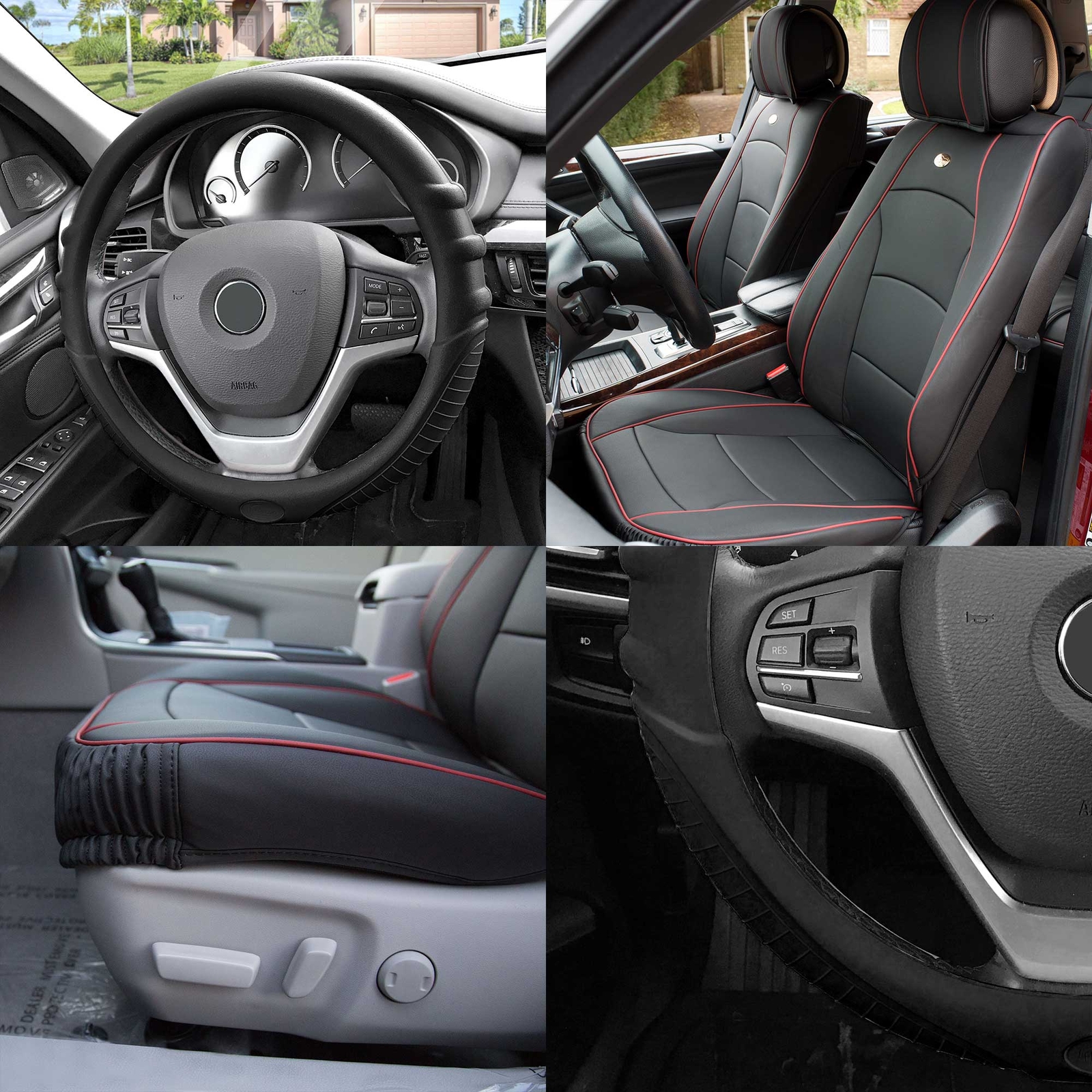 Leatherette Seat Cushion Bucket Black Red w/ Black Steering Cover For Motors
