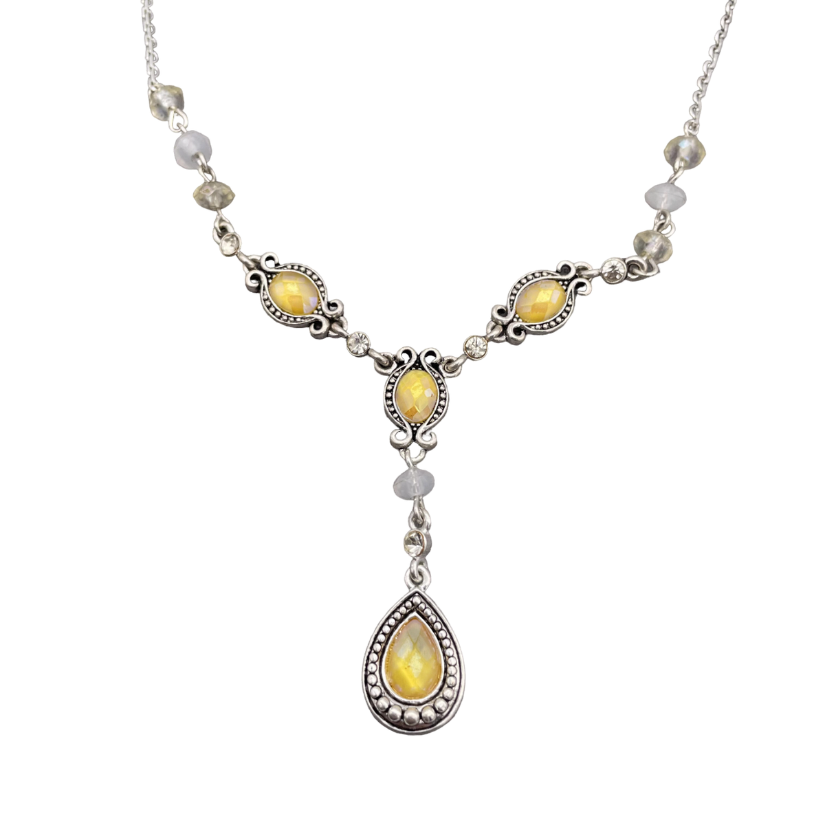 Vintage Avon SH Gemstone Teardrop Lariat Necklace Silver Tone 16