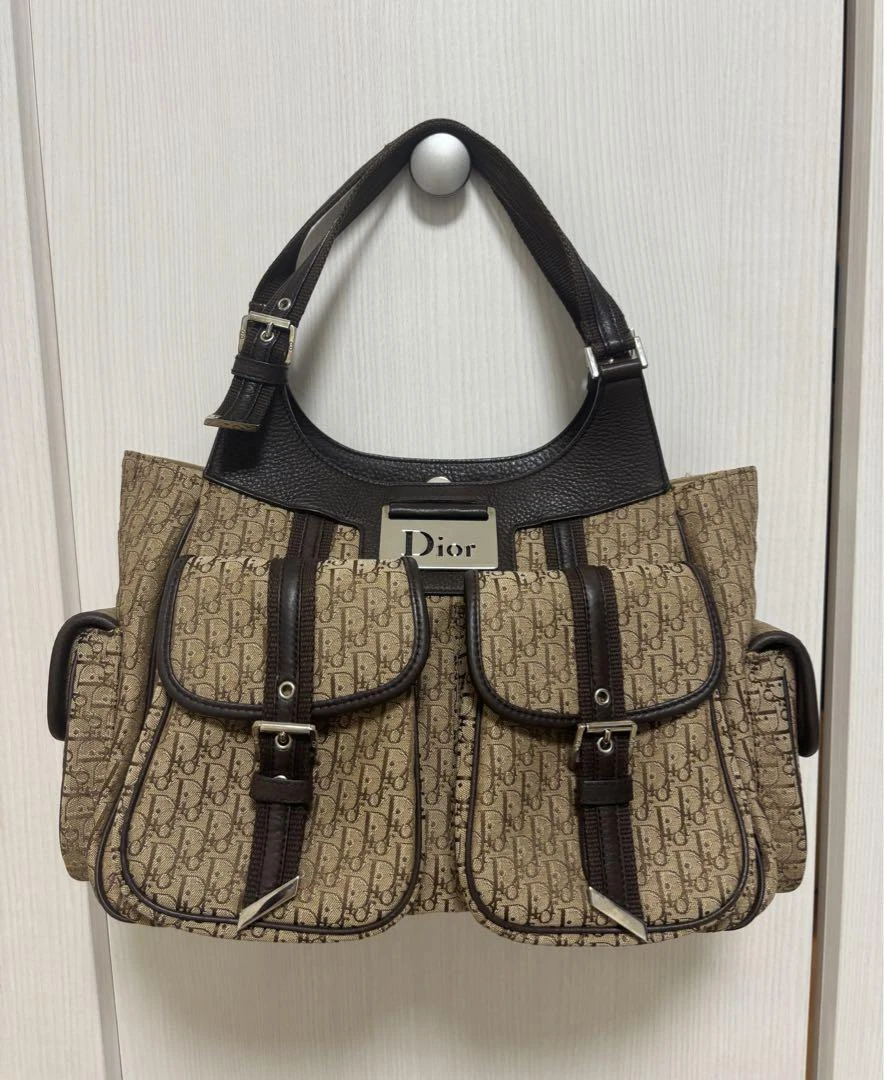Sac à main trotteur Christian Dior Street Chic beige marron toile cuir 34,5 cm