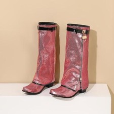 Women's Fashion Lock Sequin Riding Mid Calf Boots Pointed Toe Shoes Pointy Toe