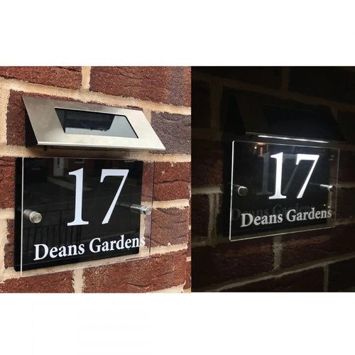 House Door Sign Plaque Solar Light Illuminated LED Personalised Door Number Name - Picture 2 of 7