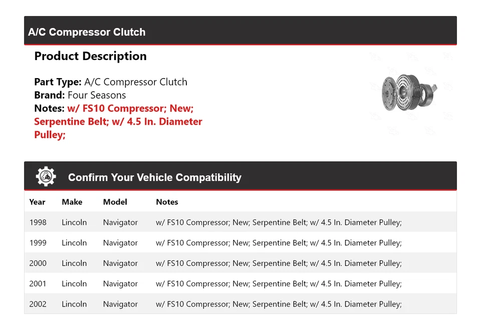 Embrague compresor aire acondicionado Lincoln Navigator 1998-2002 4 estaciones 1999 2000 2001 Foto 2 de 4