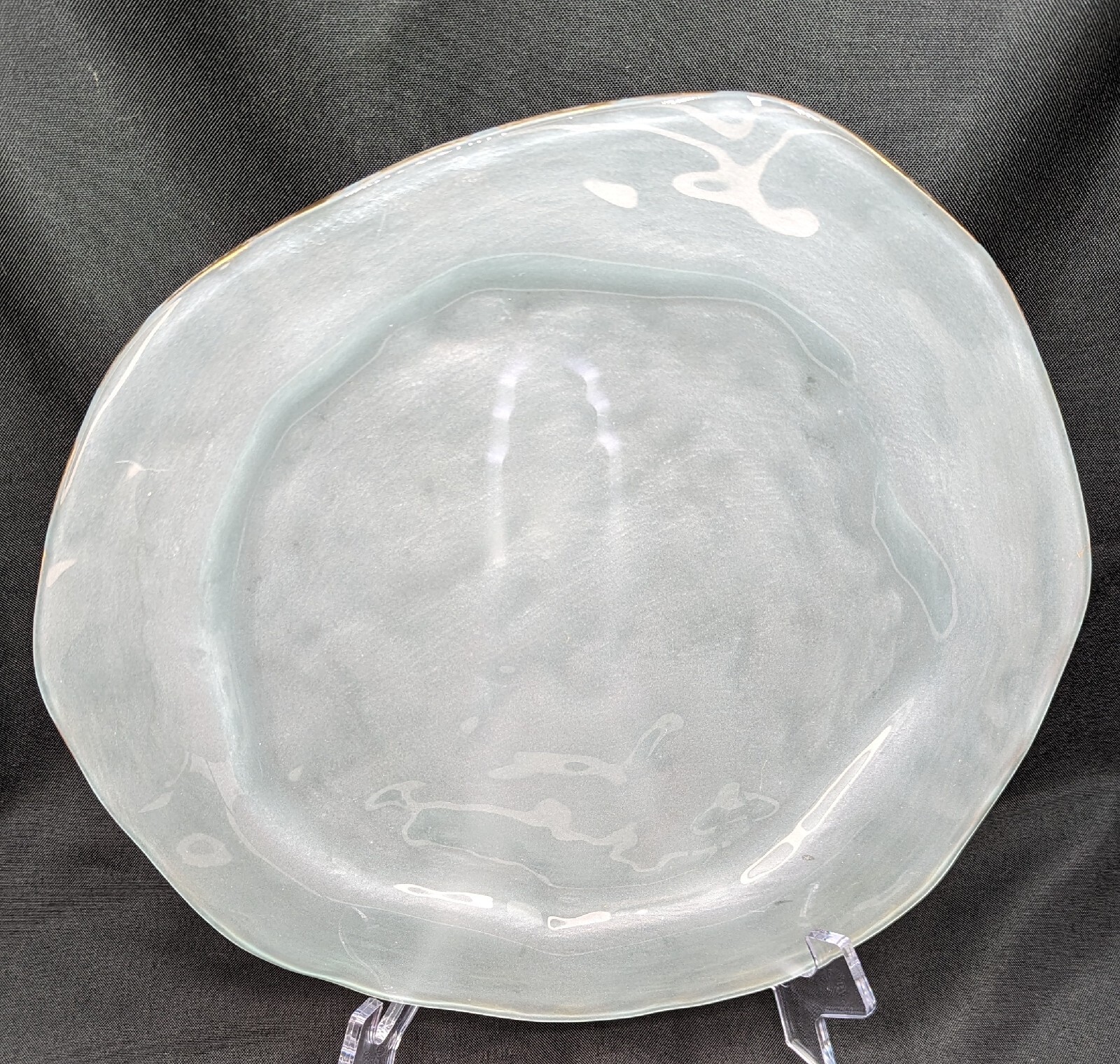 Annie Glass Frosted Freeform Platter Tray 12.5 in Gold Accent Signed Beach Ocean