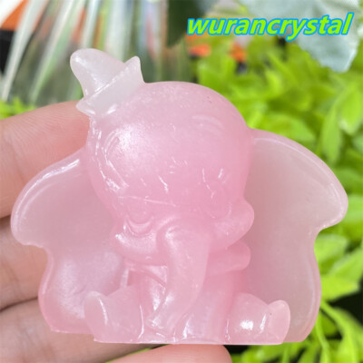 1pc Pink Luminous Stone Fly Elephant Quartz Crystal Skull Healing Decoration  
