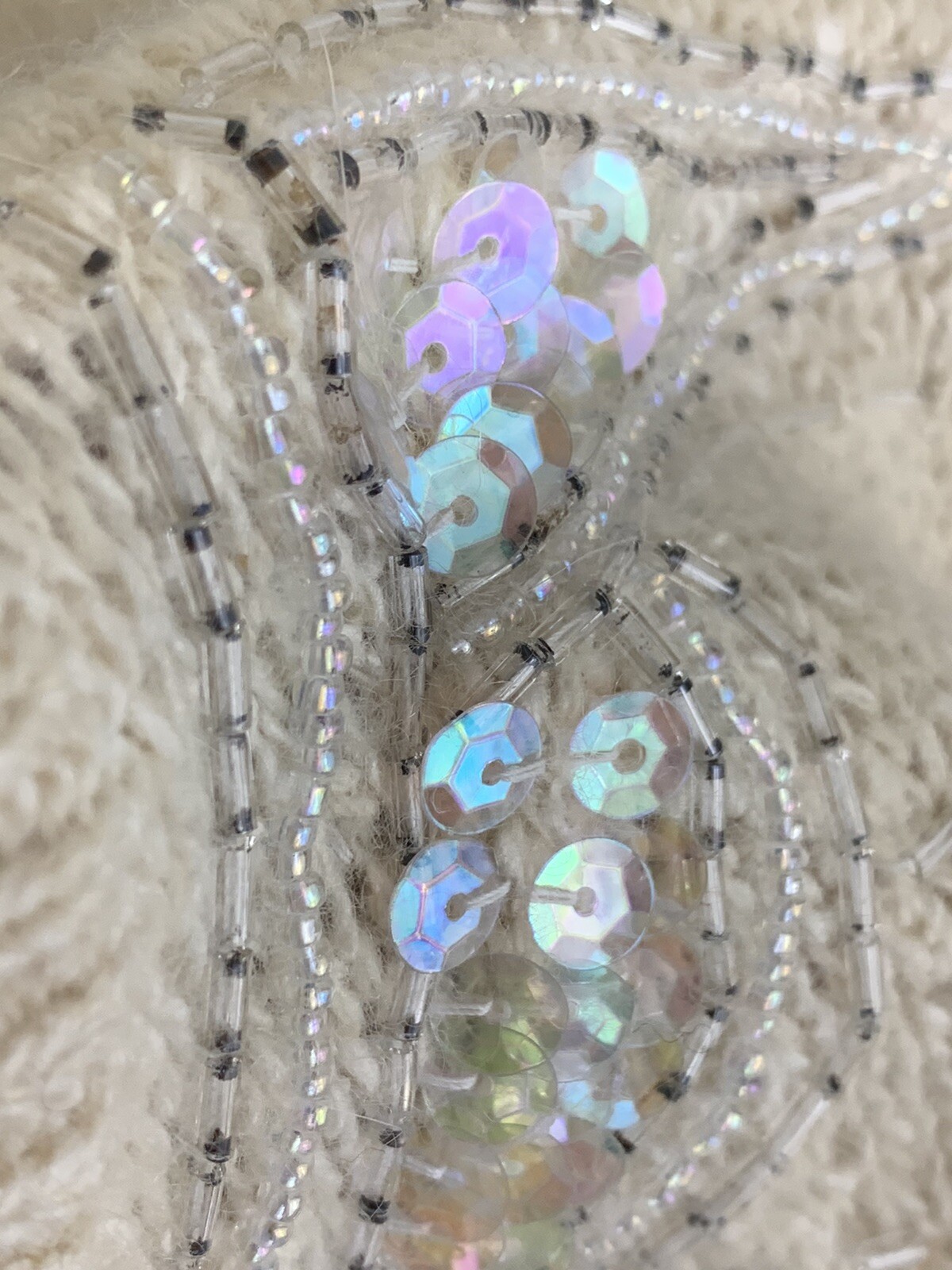 Fantastik Silk & Angora Knit Sweater Sz-S/M Cream Sequins Neckline RARE VTG 80’s