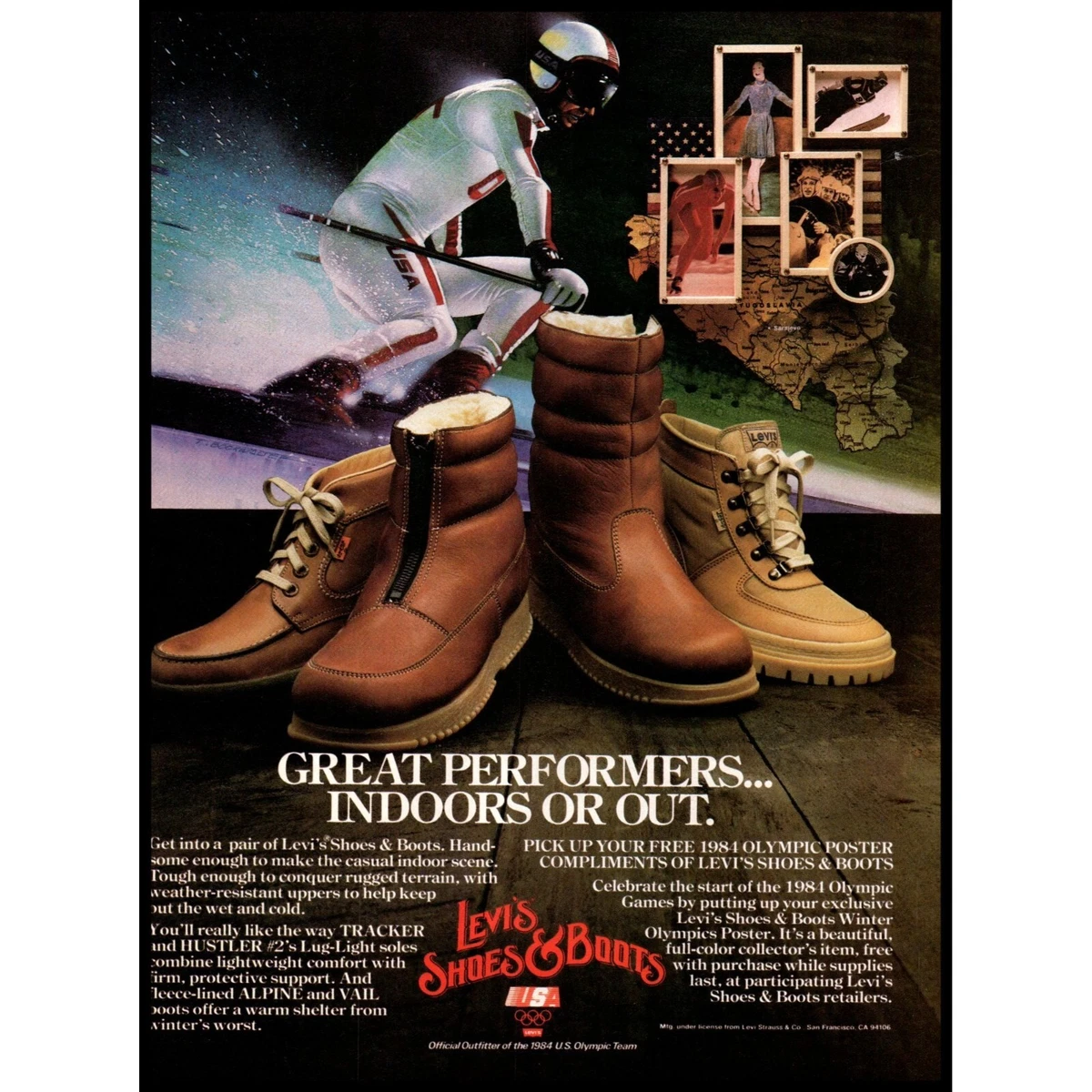 1983 Levi s Shoes Boots Vintage Print Ad 1984 Olympics Downhill Skier Wall Art