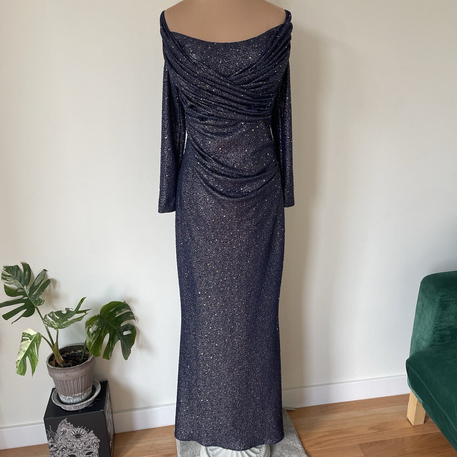 Talbot Runhof Mermaid Royal Navy Glitter Sequin Off The Shoulder Metallic Gown 8
