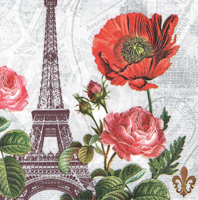 4 lose Lunch Servietten Napkins Blumen Flowers Eiffelturm Rosen Mohnblume