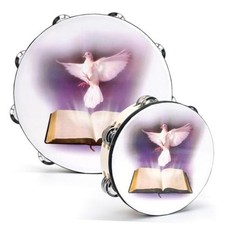 2 Pack 10" and 8" Dove & Bible Church Tambourine Set, Wooden Hand Held