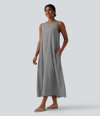 Halara Round Neck Sleeveless Midi Crinkle Gingham Casual Tank Dress Pockets L