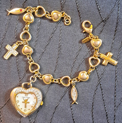 Vintage Waltham Heart Charm Bracelet Watch Gold Tone Cross Ichthys