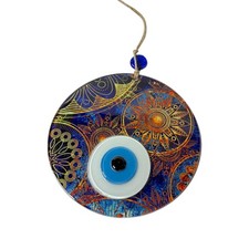 Turkish Glass Evil Eye Wall Hanging   Blue  Gold Mandala Design, 6  