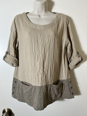 #ad #ad Kleen Blouse SZ XS Beige Scoop Neck Roll Tab Sleeve 2 Pocket Crinkle Cotton $20.00