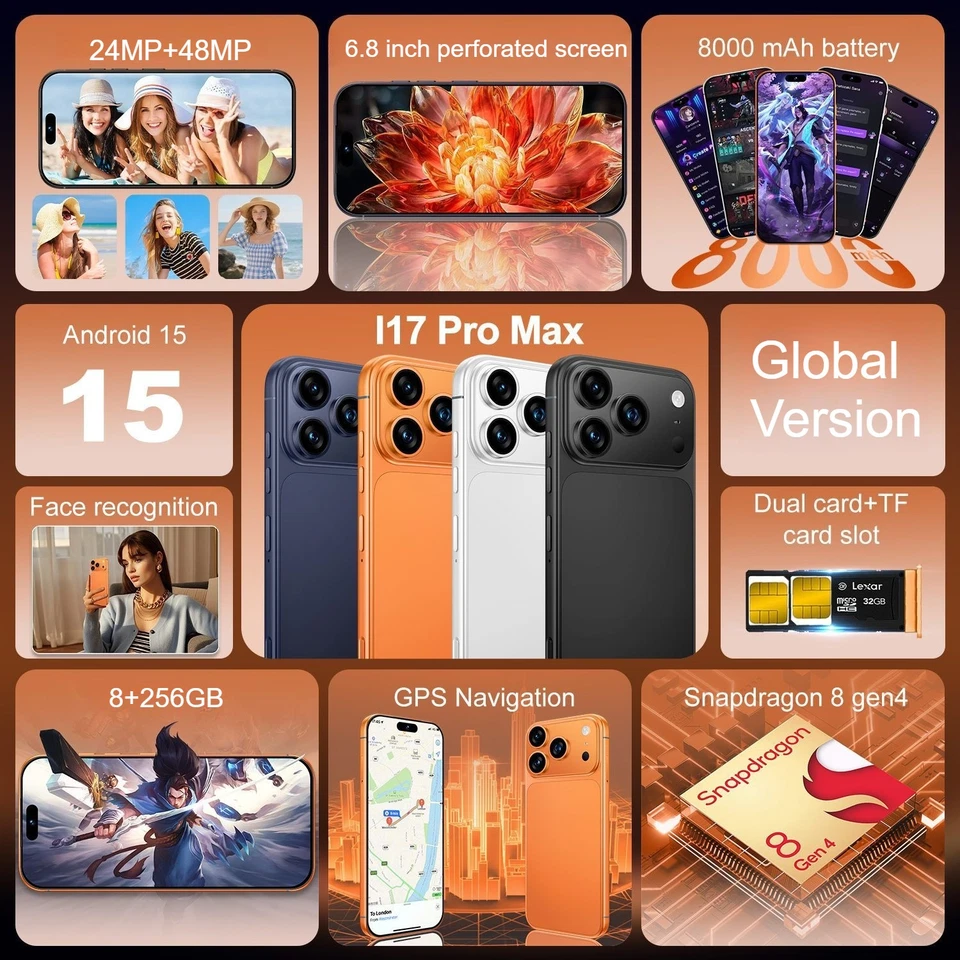 Smartphone i17 Pro max 6.8" HD Desbloqueado Android 8+256GB 8000mAh 24+48MP Doble SIM Foto 4 de 4