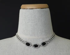 Vintage TRIFARI & MONET Black & Rhinestone Strand Choker Necklace & Earrings Lot