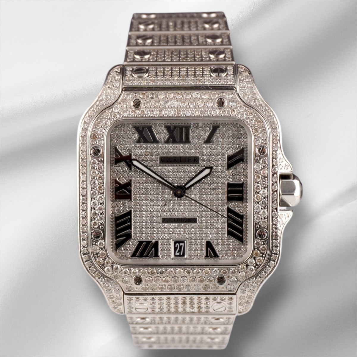 Cartier Santos Large 40mm Men's Steel Roman Iced Out 12ct Diamonds