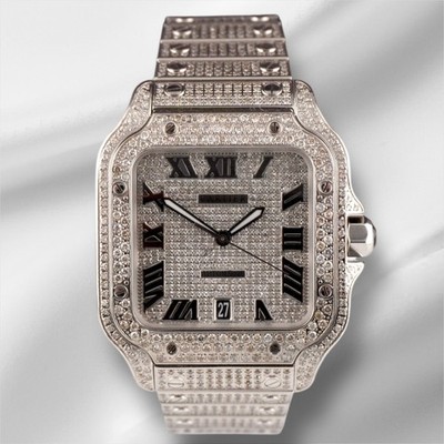 Cartier Santos Large 40mm Men's Steel Roman Iced Out 12ct Diamonds